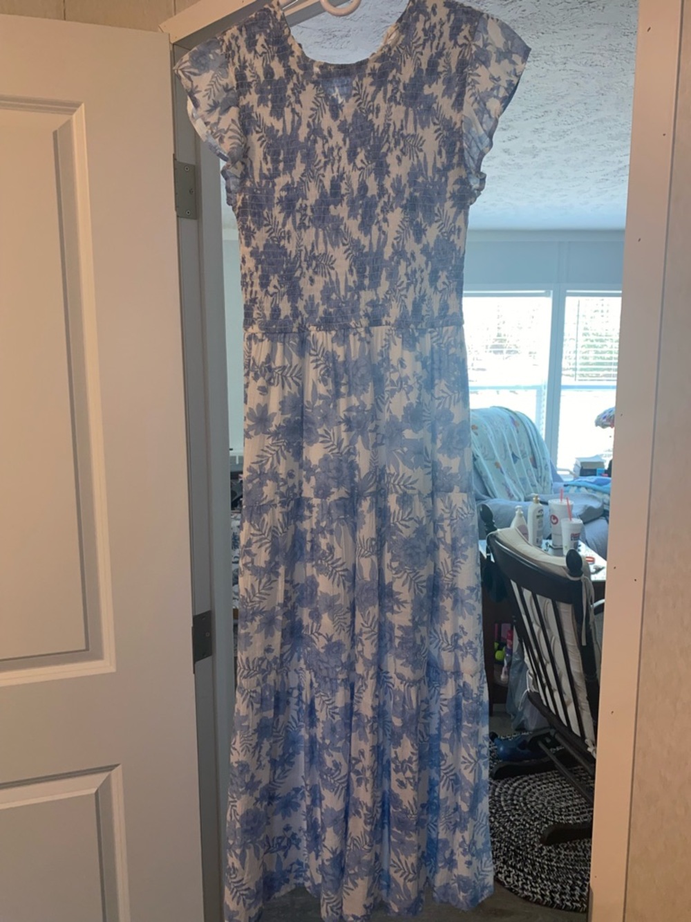 Blue and White Floral Maxi Dress with Smocked Bodice
